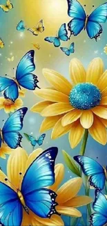 Vibrant blue butterflies with sunflowers in vivid colors.