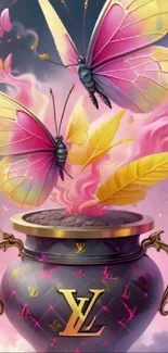 Pink and yellow butterflies above an artistic vase, vibrant mobile wallpaper.