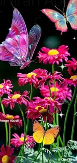 Vibrant pink flowers and colorful butterflies.