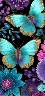 Turquoise butterflies and colorful flowers on black background wallpaper.