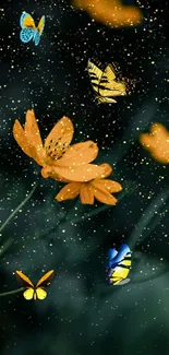 Colorful butterflies and orange flowers in a starry backdrop wallpaper.