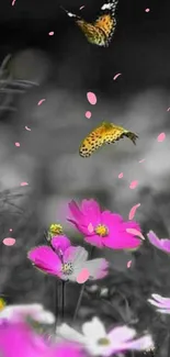 Vibrant pink flowers and butterflies in a serene wallpaper.