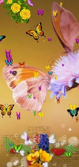 Mobile wallpaper with butterflies and flowers on a warm yellow-orange background.