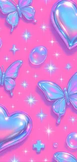 Pink wallpaper with butterflies and hearts.