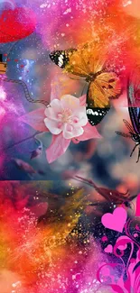 Colorful wallpaper with butterflies and hearts on a vibrant background.