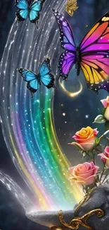 Vibrant butterflies flying over colorful roses in a magical scene.