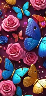 Colorful butterflies and roses wallpaper design.