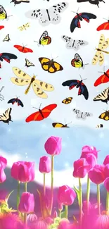 Vibrant butterflies flutter over pink tulips with mountain backdrop.