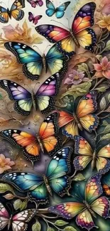 Vibrant art wallpaper featuring colorful butterflies and flowers.