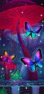 Vibrant butterflies soar beside glowing mushrooms in a neon fantasy world.