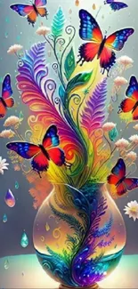 Vibrant art wallpaper with butterflies in a colorful, fantasy vase with floral elements.