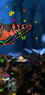 A fantasy wallpaper with colorful butterflies, a snake, and a snail on a forest floor.