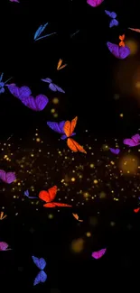 Vibrant galaxy of colorful butterflies on a black background with golden specks.