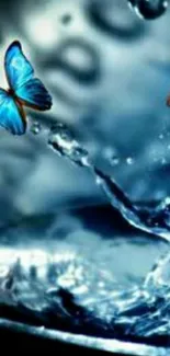 Blue butterflies hover over a water splash.