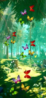 Colorful butterflies flutter in a lush, enchanting forest scene.