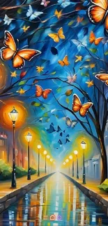 Vibrant butterflies flutter under glowing street lamps.