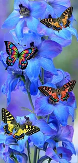 Colorful butterflies on vivid blue flowers wallpaper.