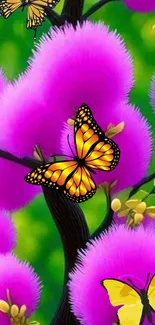 Orange butterflies on vibrant pink blooms.