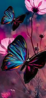 Vibrant butterflies fluttering over pink blossoms with colorful background.