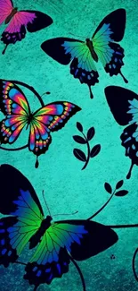 Vibrant butterflies on a teal textured background wallpaper.