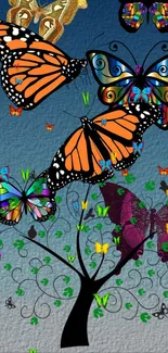 Colorful butterflies and tree on blue gradient background wallpaper.