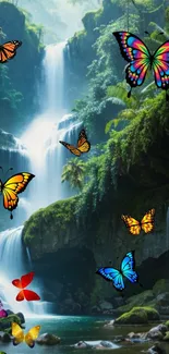 Vibrant butterfly and waterfall mobile wallpaper with lush greenery.