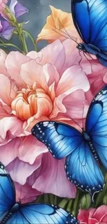 Blue butterflies on vibrant floral artwork wallpaper.