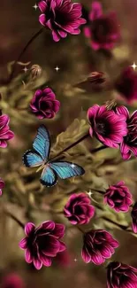 Blue butterfly on vibrant pink flowers.