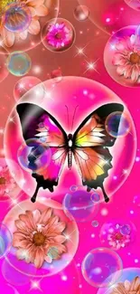 Colorful butterfly with flowers and bubbles on a pink background.