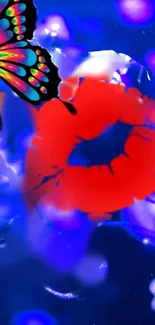 Vibrant butterfly and red lips on a blue abstract background mobile wallpaper.