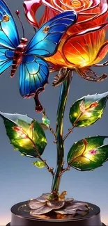 Colorful glass butterfly rests on a luminous rose with vibrant leaves.