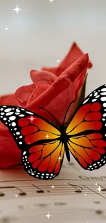 Vibrant butterfly on red rose with musical notes in the background.