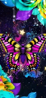 Vibrant butterfly and roses with galaxy stars wallpaper.