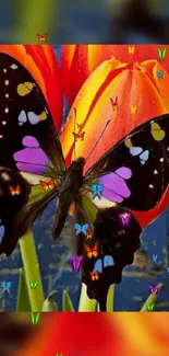 Vibrant butterfly on tulips with a colorful background.