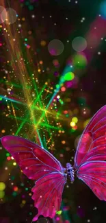 Vibrant pink butterfly on a neon abstract background.