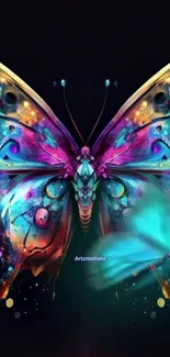 Vibrant abstract butterfly art with colorful patterns on black background.