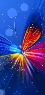 Vibrant abstract butterfly wallpaper with blue, red, and yellow hues.