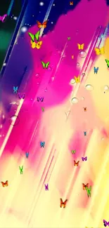 Colorful abstract wallpaper with butterflies in vibrant hues.