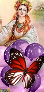 Colorful butterfly on purple balloons with artistic background.