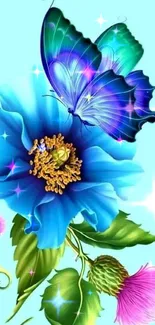 Vibrant blue butterfly on colorful bloom wallpaper.