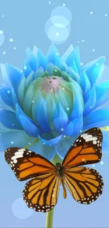 Orange butterfly on a blue flower with bokeh effect.