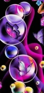 Colorful butterfly and bubble wallpaper art on black background.