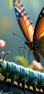 Vibrant butterfly with caterpillar in colorful nature art.