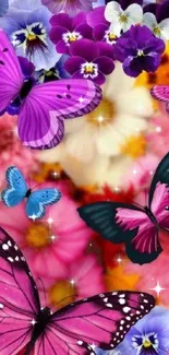 Vibrant wallpaper of butterflies and flowers in pink and purple hues.