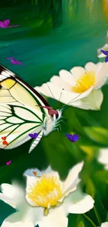 Colorful butterfly and white flowers in nature-themed wallpaper.