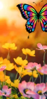 Colorful butterfly hovering over vibrant flowers at sunset.