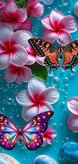 Colorful butterflies and pink flowers on teal background.