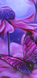 Purple butterfly resting on a vibrant flower in artistic style.