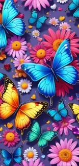 Vibrant wallpaper featuring colorful butterflies and flowers.