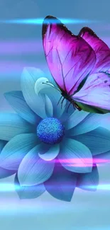 Purple butterfly on neon flower with blue glow.